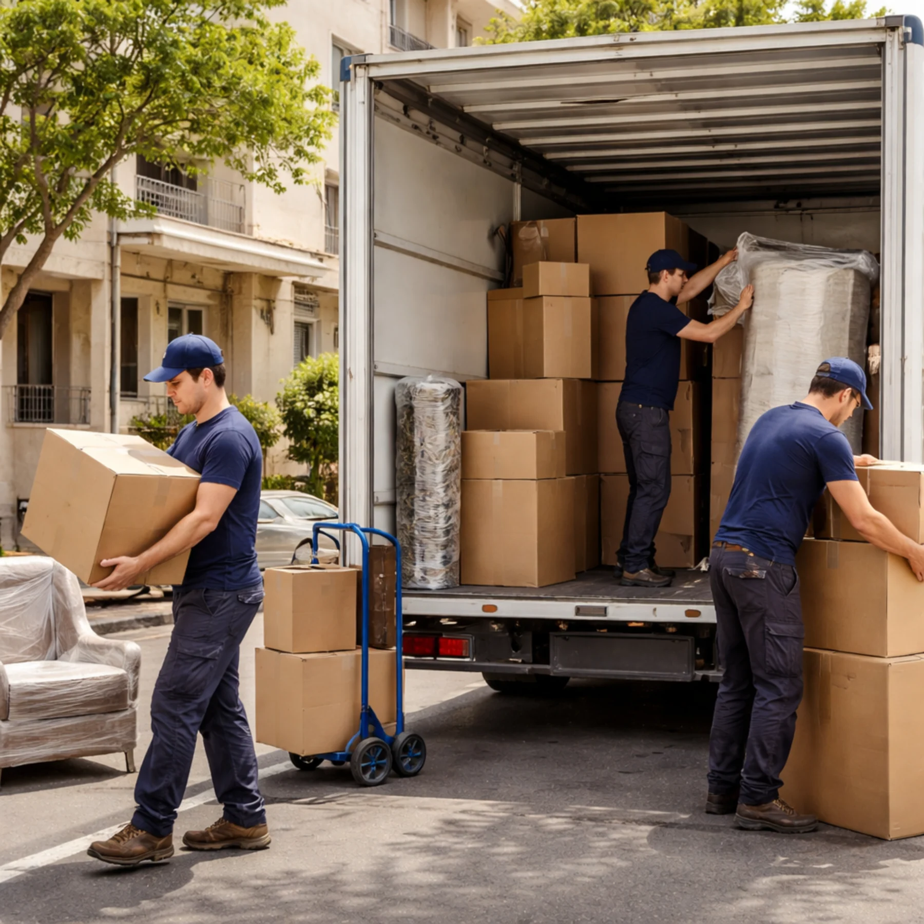 Грузчики загружают коробки в машину