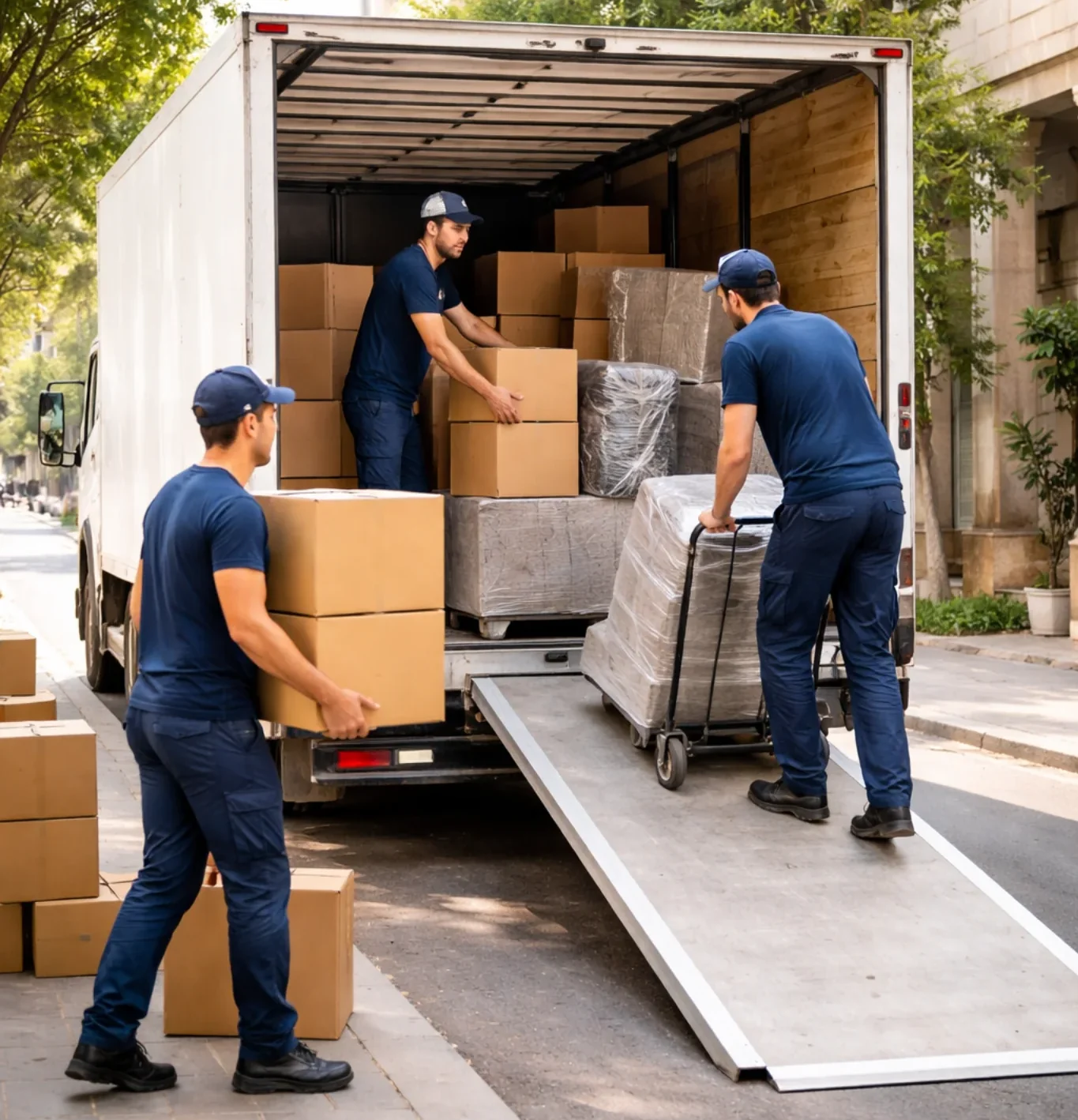 Команда грузчиков работает с рампой